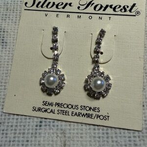Silver Forest White Pearl and Silver Crystal Drop Earrings